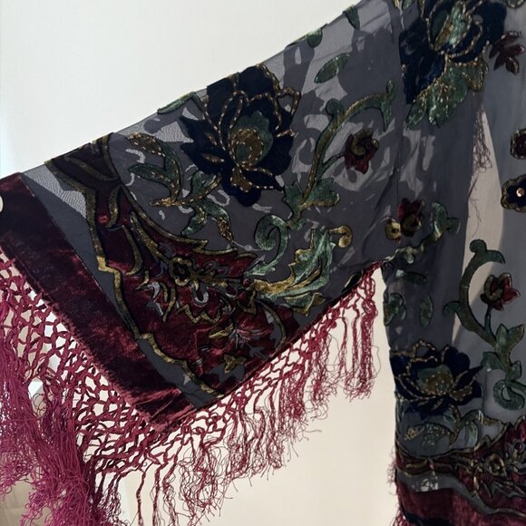 VTG Kirks Folly Burnout Velvet Cardigan Women's One Size Sequins Fringe Stunning - Picture 4 of 10
